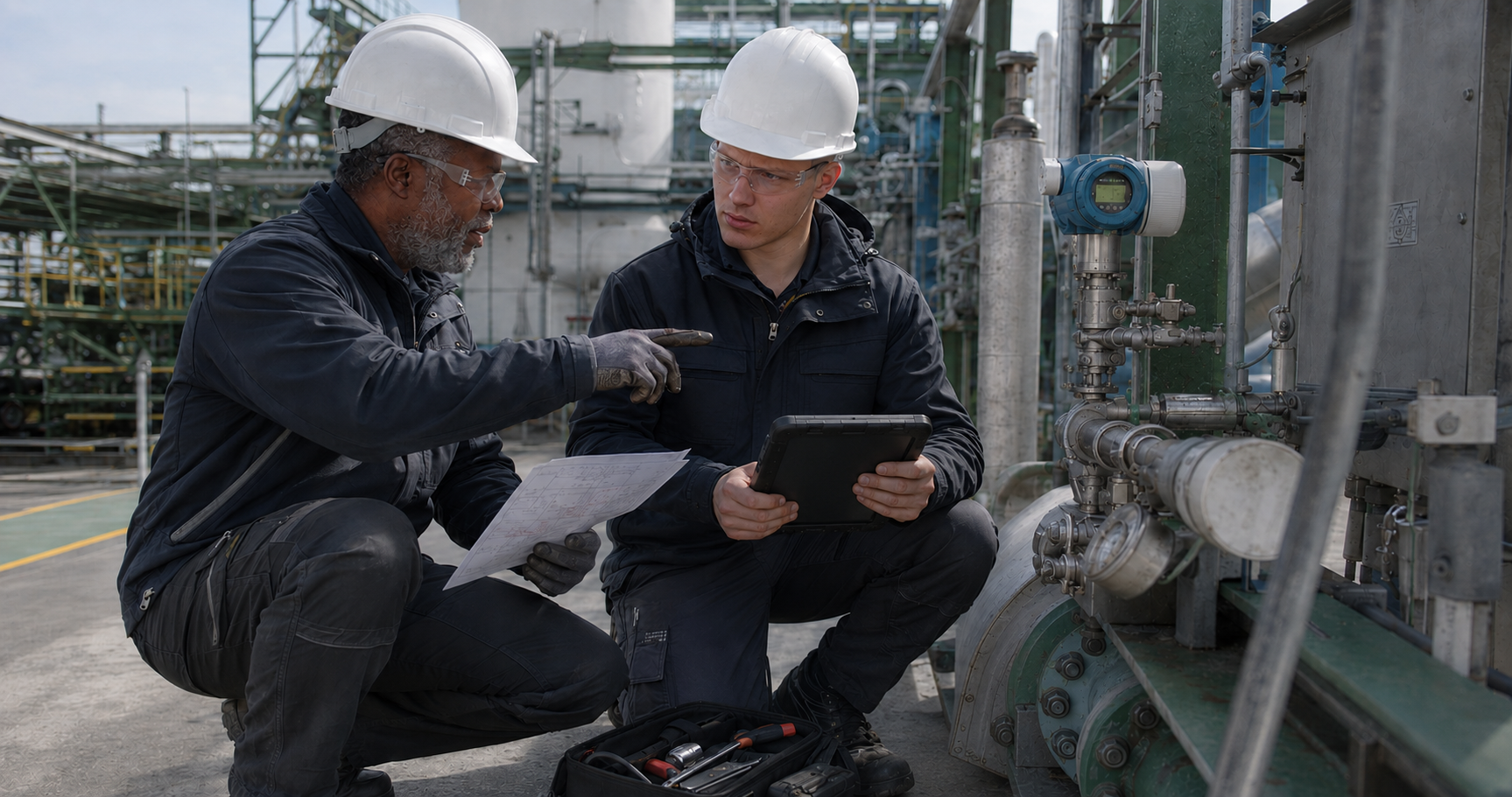 Twee field engineers bespreken een technische installatie op locatie